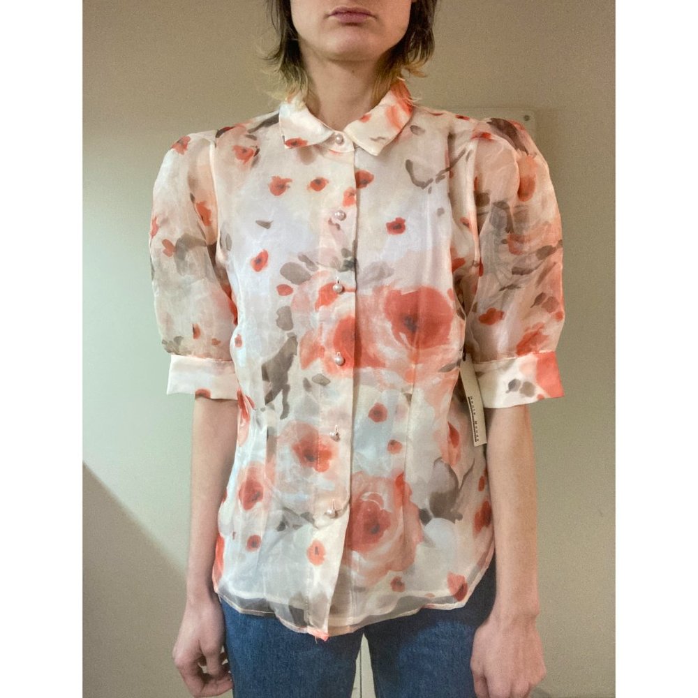 NWT Haute Monde White & Red Floral Sheer Puff Sleeve Button Front Top, s…